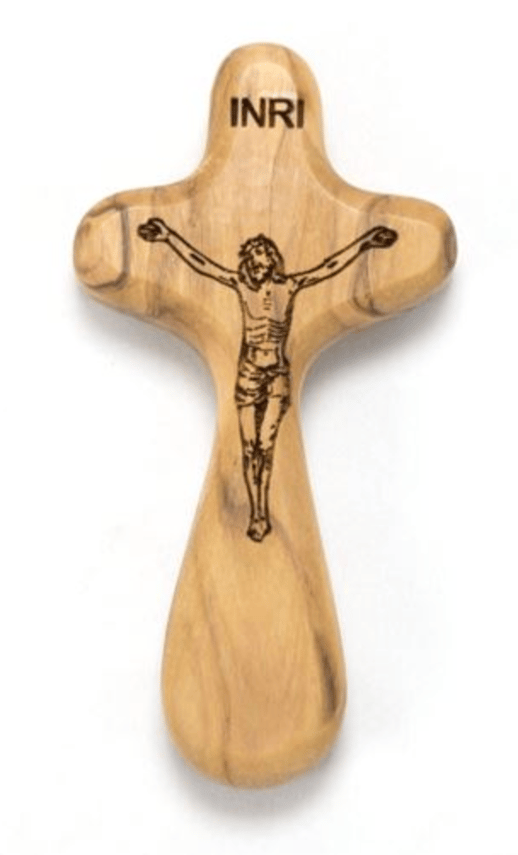 OLIVE WOOD COMFORT CRUCIFIX - JESUS LOVES YOU!