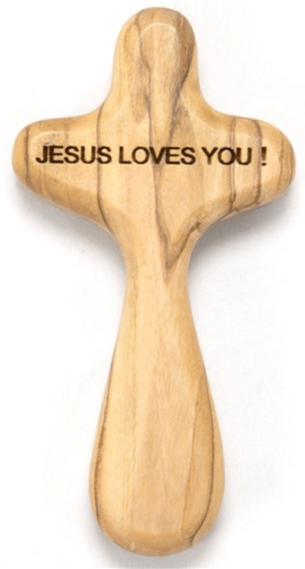 OLIVE WOOD COMFORT CRUCIFIX - JESUS LOVES YOU!