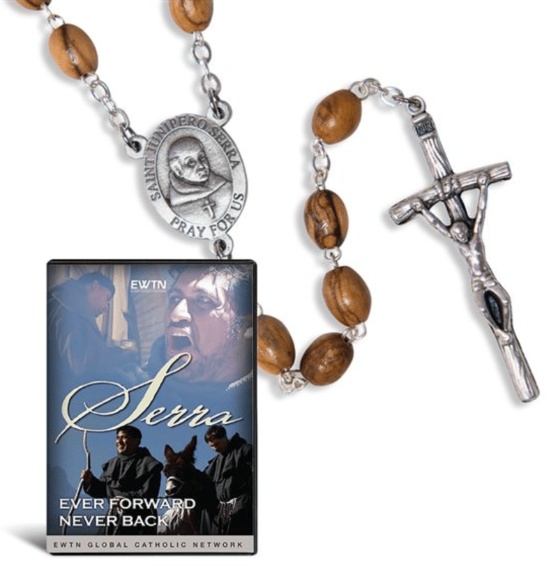 ST. JUNIPERO SERRA DVD & OLIVE WOOD ROSARY SET