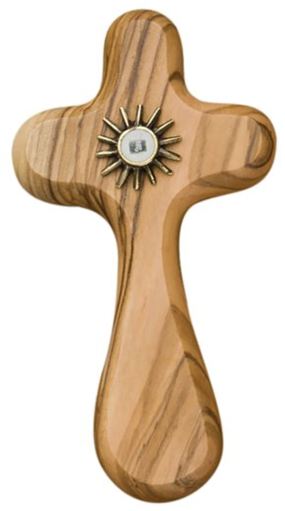 SMALL OLIVE WOOD COMFORT CROSS WITH CLOTH TOUCHED TO JESUS' TOMB