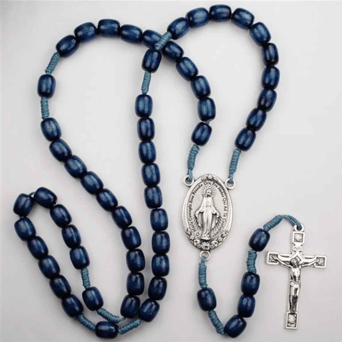 LARGE BLUE WOOD MIRACULOUS MEDAL ROSARY