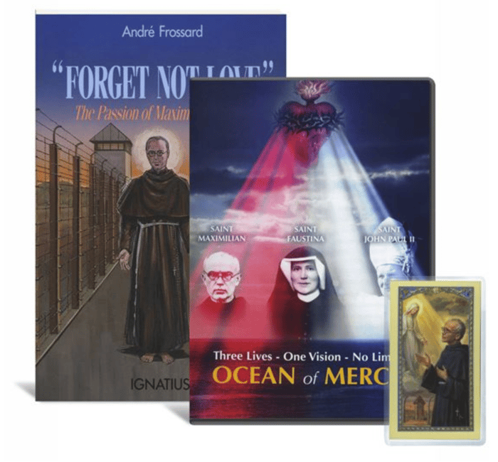 ST. MAXIMILIAN KOLBE BOOK & DVD SET WITH HOLY CARD