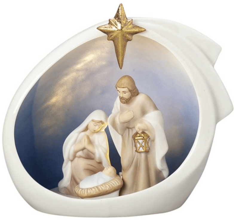 PORCELAIN HOLY FAMILY LIGHTED CRECHE