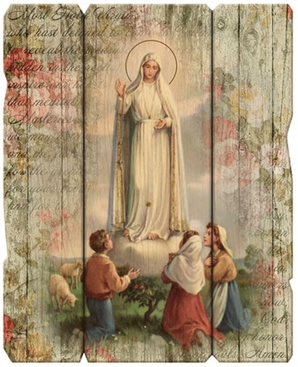 OUR LADY OF FATIMA VINTAGE WOOD PLAQUE- 14”