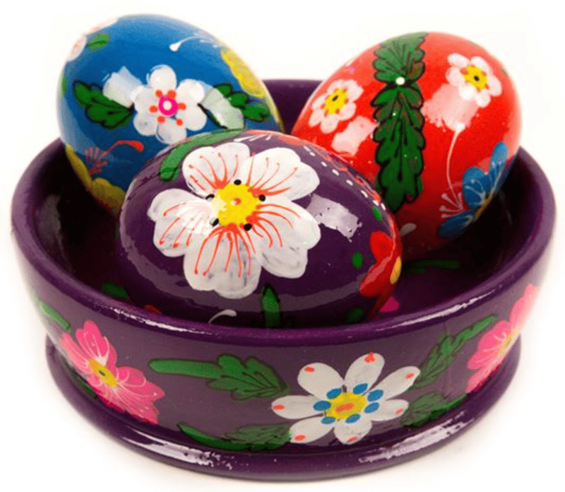 HAND-PAINTED EASTER BOWL WITH THREE EGGS