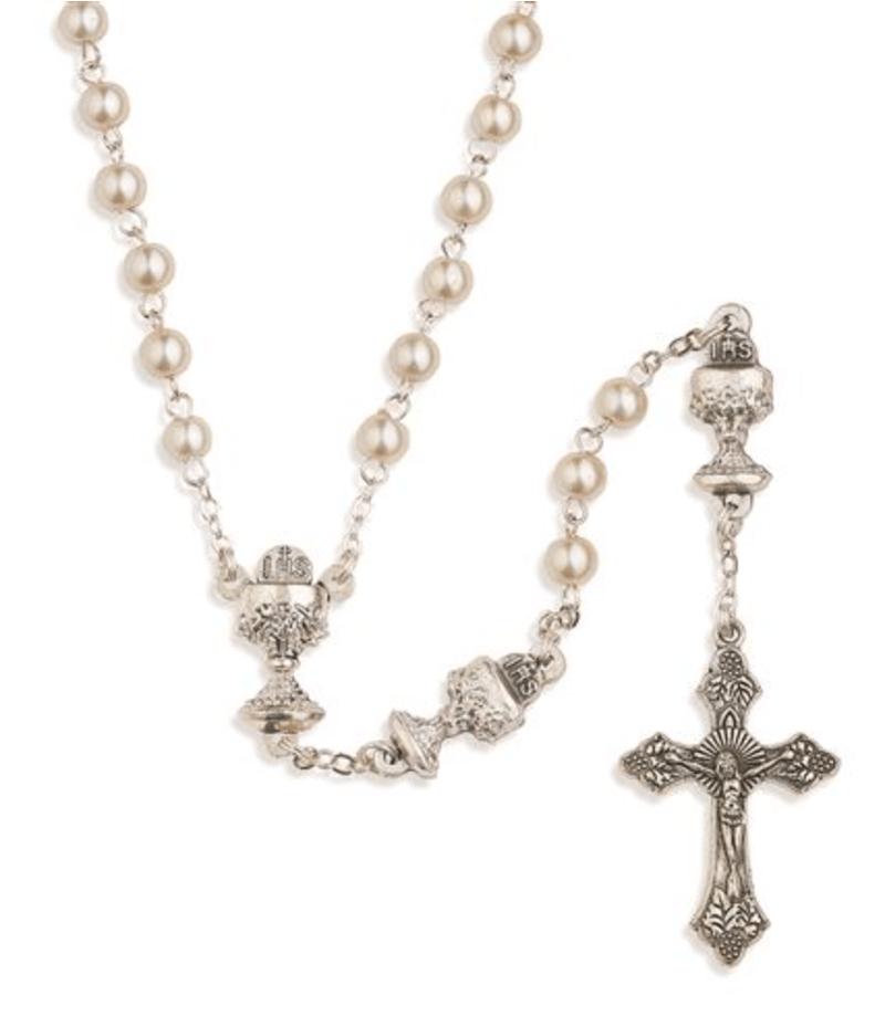 WHITE BEAD FIRST COMMUNION ROSARY WITH CHALICE