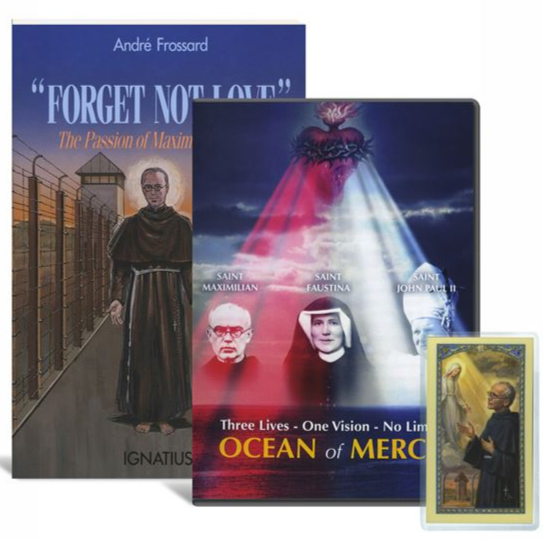 ST. MAXIMILIAN KOLBE BOOK & DVD SET WITH HOLY CARD