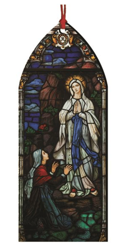 OUR LADY OF LOURDES AND SAINT BERNADETTE STAINED GLASS WOOD ORNAMENT